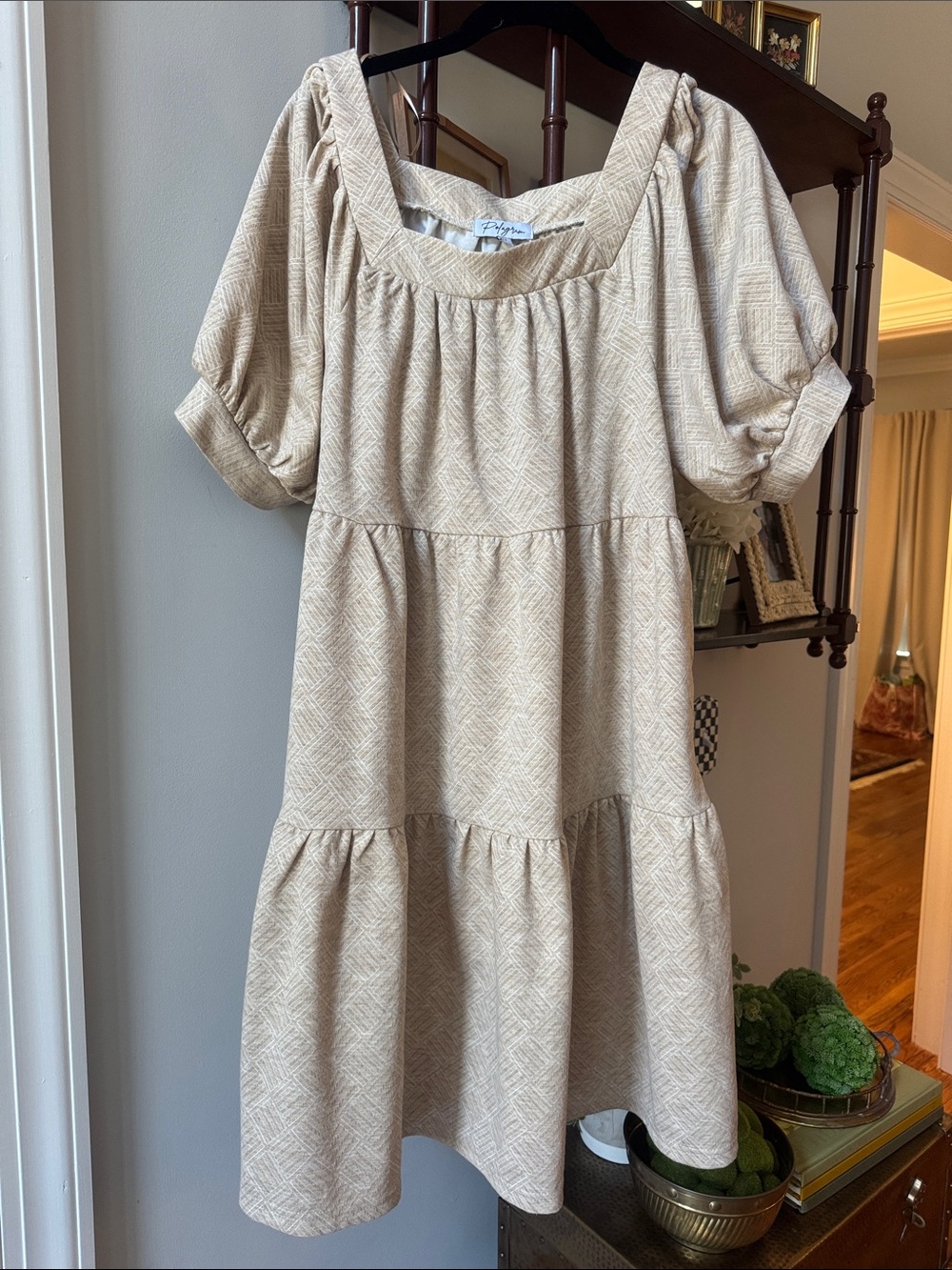 Polagram Beige Tiered Puff-Sleeve Dress